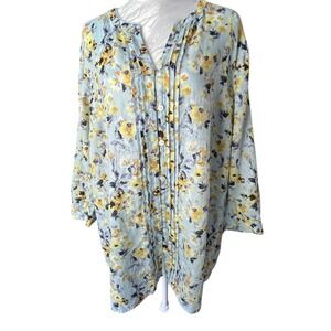 J Jill Love Linen Sz L Floral Tunic Top 3/4 Sleeves‎ Button Up Lagenlook Lounge